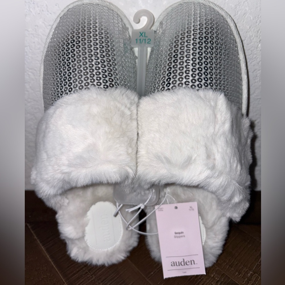 Silver Sequin Slippers with White Faux Fur